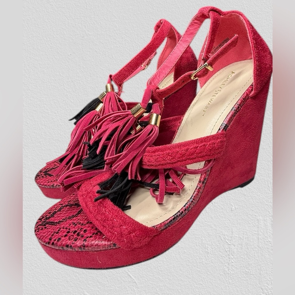 Ashley Stewart fuchsia suede wedge sandals tassels snakeskin print